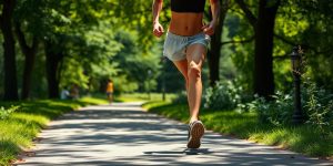 Person joyfully walking outdoors in sunlight.