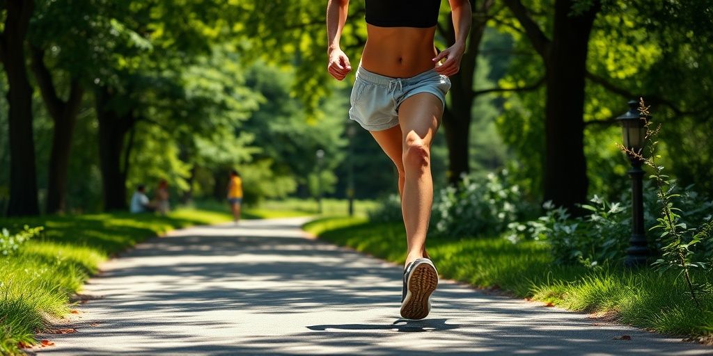Person joyfully walking outdoors in sunlight.