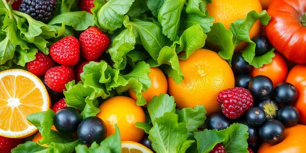 Vibrant fresh fruits and vegetables arranged attractively.