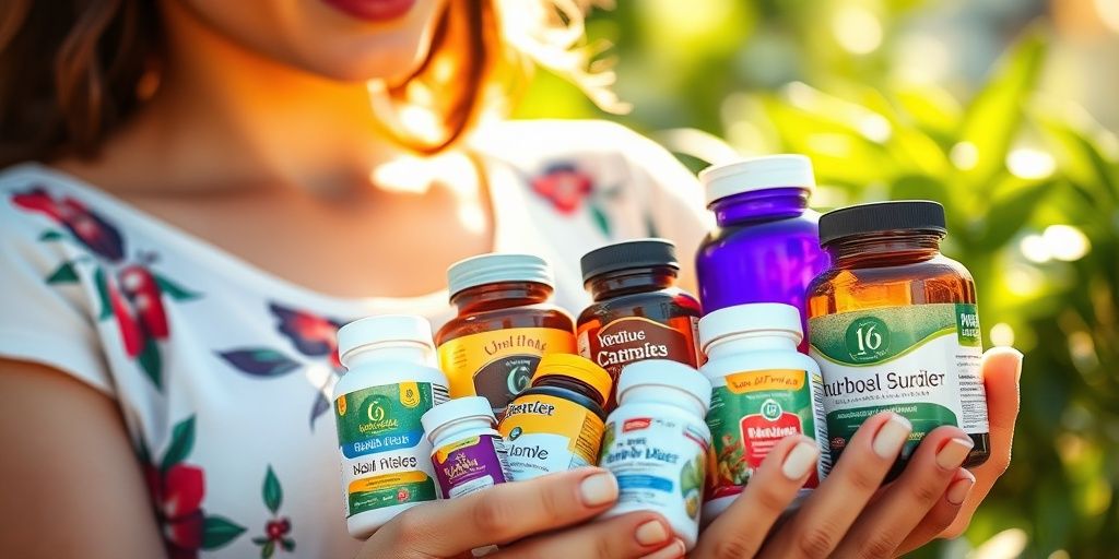 Healthy person holding various colorful supplement bottles.