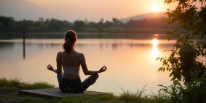 Person meditating peacefully by a tranquil lake at sunrise.