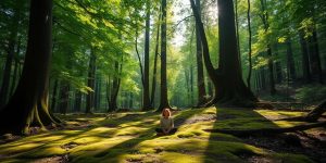 Person meditating peacefully in a sunlit forest.